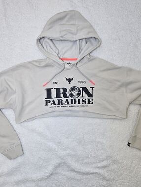 Under Armour Project Rock Iron Paradise Cropped Hoodie Fleece Pullover Gym